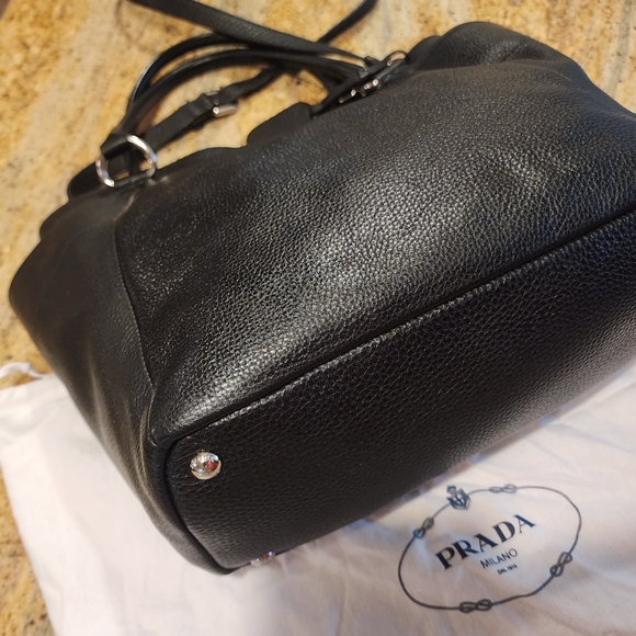 Prada Vitello Daino silver trim side pocket black Leather satchel crossbody tote - Picture 12 of 16